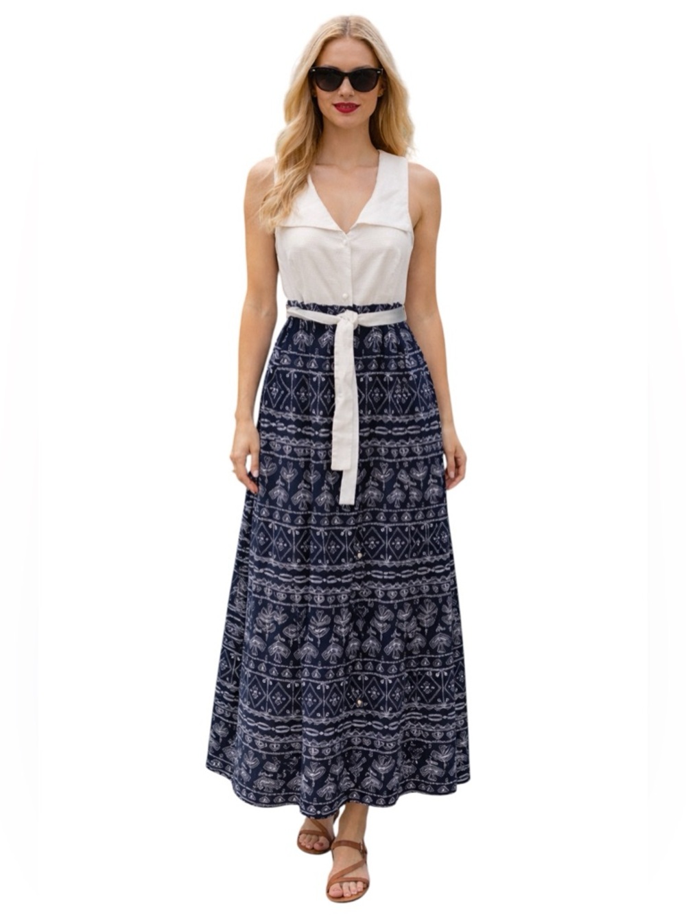 Handmade 70’s Nautical Maxi Dress Sz 10 Empire Waist Belted Wide Collar Pockets